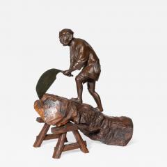 19th Century Meiji Period Bronze of a Woodcutter Sawing a Large Tree Trunk - 1106969