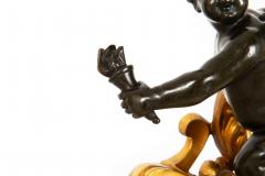 19th Century Pair Louis XV Style Bronze Fireplace Chenets with Putto Sculpture - 4794187