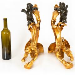 19th Century Pair Louis XV Style Bronze Fireplace Chenets with Putto Sculpture - 4794195