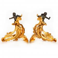 19th Century Pair Louis XV Style Bronze Fireplace Chenets with Putto Sculpture - 4794196