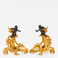 19th Century Pair Louis XV Style Bronze Fireplace Chenets with Putto Sculpture - 4795735