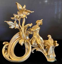 19th Century Pair of Dore Bronze Chenets Andirons Signed Bird with Man and Woman - 2491313