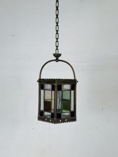 19th Century Patinated Brass and Stained Glass Victorian Hall Lantern - 3982375