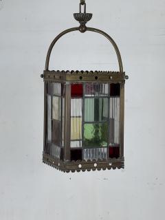 19th Century Patinated Brass and Stained Glass Victorian Hall Lantern - 3982377