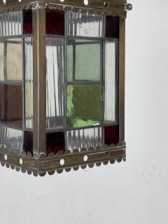 19th Century Patinated Brass and Stained Glass Victorian Hall Lantern - 3982380