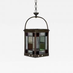 19th Century Patinated Brass and Stained Glass Victorian Hall Lantern - 3985007