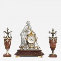 19th Century Silvered Bronze Rouge Marble Clock Garniture Set - 2541381