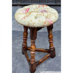 19th Century Style Rustic English Oak Round Stool with Tufted Lampas Seat - 2850170
