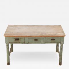 19th Century painted three drawer farm table having turned legs and natural top  - 3371592