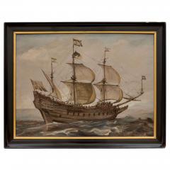 19th century gouache and watercolour painting of a Dutch galleon ship at sea - 4409155