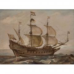19th century gouache and watercolour painting of a Dutch galleon ship at sea - 4409165