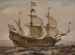 19th century gouache and watercolour painting of a Dutch galleon ship at sea - 4412306
