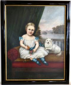 19thC American Folk Art Portrait Painting Of A Young Girl Seated Beside Her Dog - 3913252