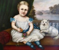 19thC American Folk Art Portrait Painting Of A Young Girl Seated Beside Her Dog - 3913263