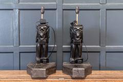 19thC Ebonised Carved Winged Serpent Gargoyle Table Lamps - 2005660