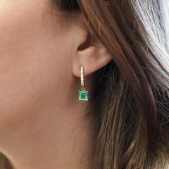 2 19 Carat Square Emerald Diamond 18K Gold Dangling Huggie Earrings - 4020281