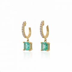 2 19 Carat Square Emerald Diamond 18K Gold Dangling Huggie Earrings - 4020283