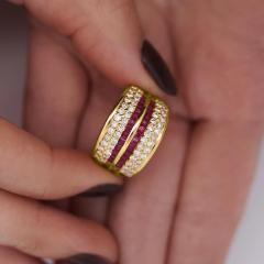 2 28 Carat Square Ruby Diamond Channel Set 18K Gold Multi Row Ring - 4020268