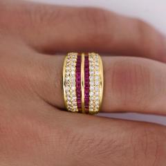 2 28 Carat Square Ruby Diamond Channel Set 18K Gold Multi Row Ring - 4020271