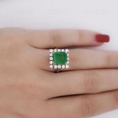 2 97 Carat Emerald Cut Emerald Diamond Halo 18K White Gold Vintage Style Ring - 3896677