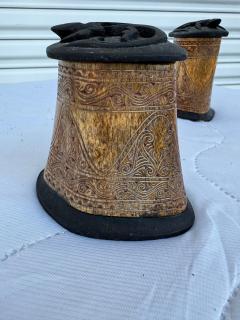2 Intricate Carved Bone Containers with Lid - 4290211