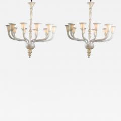 2 Italian Modern Neoclassical Hand Blown White and Gold Murano Glass Chandeliers - 1737189