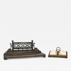 2 Piece Victorian Gothic Iron Double Inkwell Desk Set - 4732954