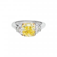 2 carat Cushion Cut Diamond Fancy Intense Yellow GIA Three Stone Engagement Ring - 4135490