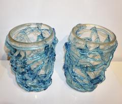 2000 Cenedese Italian Pair of Modern Aqua Blue 24 Kt Gold Murano Glass Art Vases - 2248506