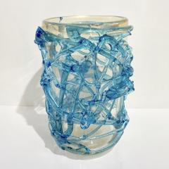 2000 Cenedese Italian Pair of Modern Aqua Blue 24 Kt Gold Murano Glass Art Vases - 2248511
