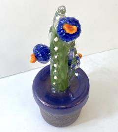 2000s Italian Moss Green Gold Murano Art Glass Cactus Plant with Blue Flowers - 2929044