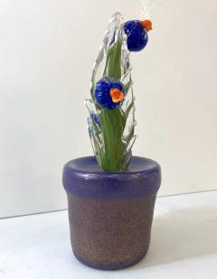 2000s Italian Moss Green Gold Murano Art Glass Cactus Plant with Blue Flowers - 2929047