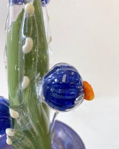 2000s Italian Moss Green Gold Murano Art Glass Cactus Plant with Blue Flowers - 2929049