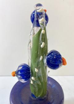 2000s Italian Moss Green Gold Murano Art Glass Cactus Plant with Blue Flowers - 2929051