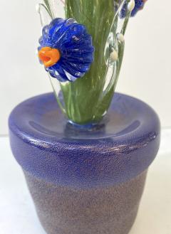 2000s Italian Moss Green Gold Murano Art Glass Cactus Plant with Blue Flowers - 2929053