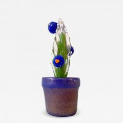 2000s Italian Moss Green Gold Murano Art Glass Cactus Plant with Blue Flowers - 2930620