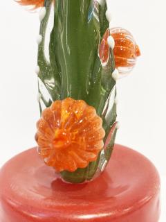 2000s Italian Moss Green Gold Murano Art Glass Cactus Plant with Orange Flowers - 2512916
