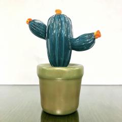 2000s Italian Teal Green Gold Murano Art Glass Cactus Plant with Orange Flowers - 2460481