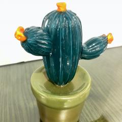 2000s Italian Teal Green Gold Murano Art Glass Cactus Plant with Orange Flowers - 2463149