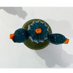 2000s Italian Teal Green Gold Murano Art Glass Cactus Plant with Orange Flowers - 2463150