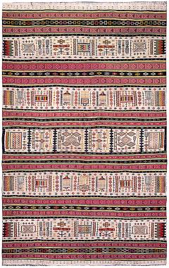 20th Century Folk Turkish Hand Knotted Wool Kilim Pink Black Ivory Yellow Rug - 2456482
