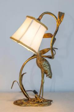 20th Century French Gilt Bronze Heron Lamp with Leaf Motif and Silk Shade - 4001785