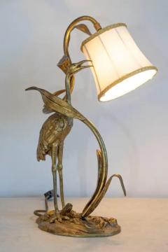 20th Century French Gilt Bronze Heron Lamp with Leaf Motif and Silk Shade - 4001797