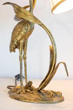 20th Century French Gilt Bronze Heron Lamp with Leaf Motif and Silk Shade - 4001843