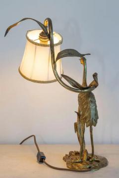 20th Century French Gilt Bronze Heron Lamp with Leaf Motif and Silk Shade - 4001847