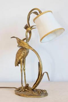 20th Century French Gilt Bronze Heron Lamp with Leaf Motif and Silk Shade - 4001852