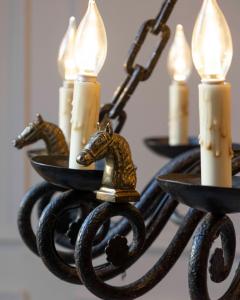 20th Century French Wrought Iron Chandelier with Horse Head Details - 4458501