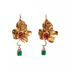 20th Century Garnet Emerald Gold Drop Earrings - 3706624