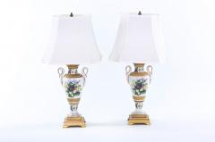 20th Century Gilt Porcelain Brass Base Pair Table Lamps - 1836569