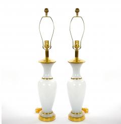 20th Century Hollywood Regency Opaline Glass and Gold Banded Table Lamps Pair - 4795904